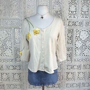 Vtg Silk Blend Sequin Beaded Floral Cream Ribbed 3/4 Sleeve Cardigan Sz L Fits M